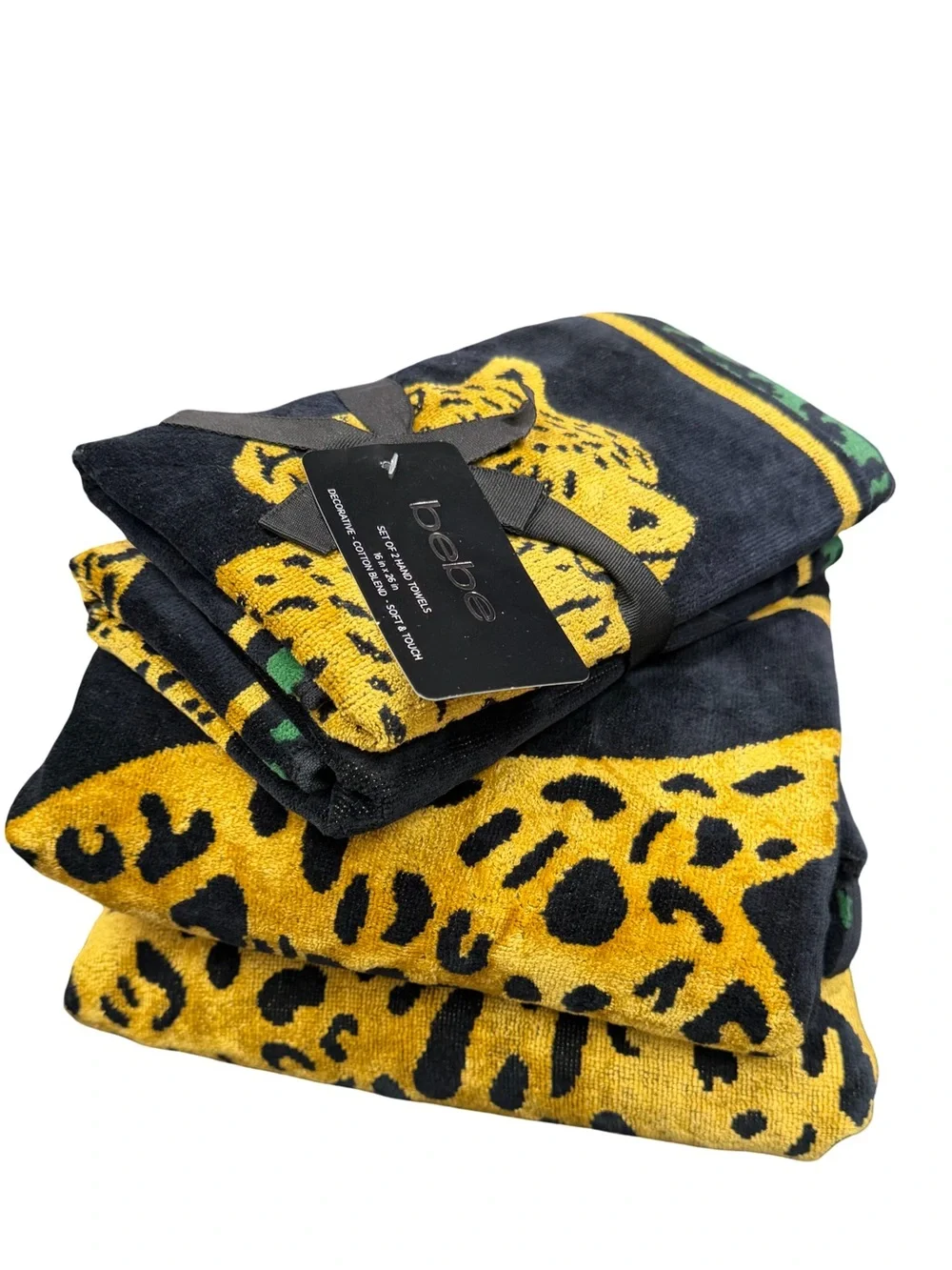 bebe NWT Beautiful Plush Gold, Black & Green Leopard Print 3pc Towel Set